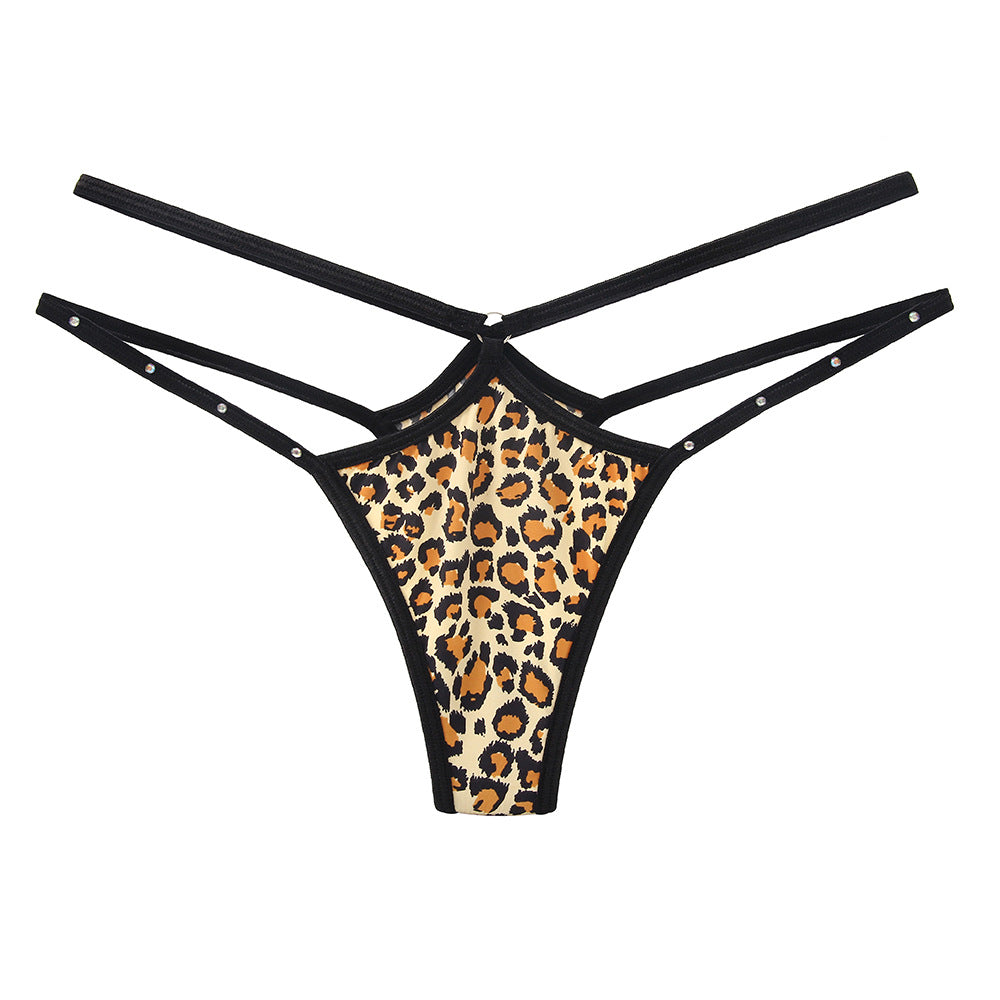 Sexy Hot Diamond Flash Thong Leopard Ice Silk Hollow Spaghetti Strap Panties