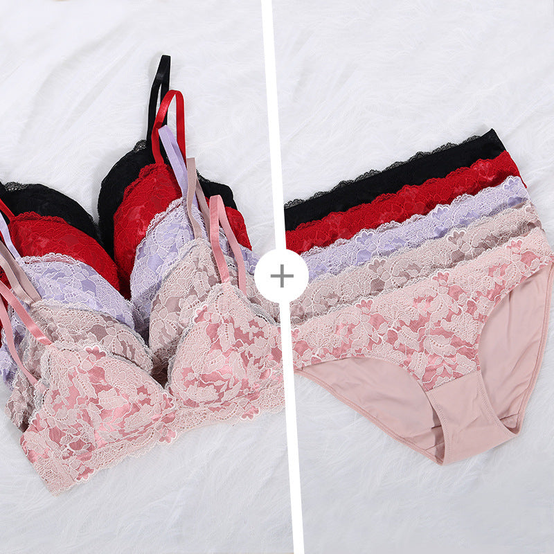 High-end Lace Sexy Deep V Gathering Adjustable Bra Set