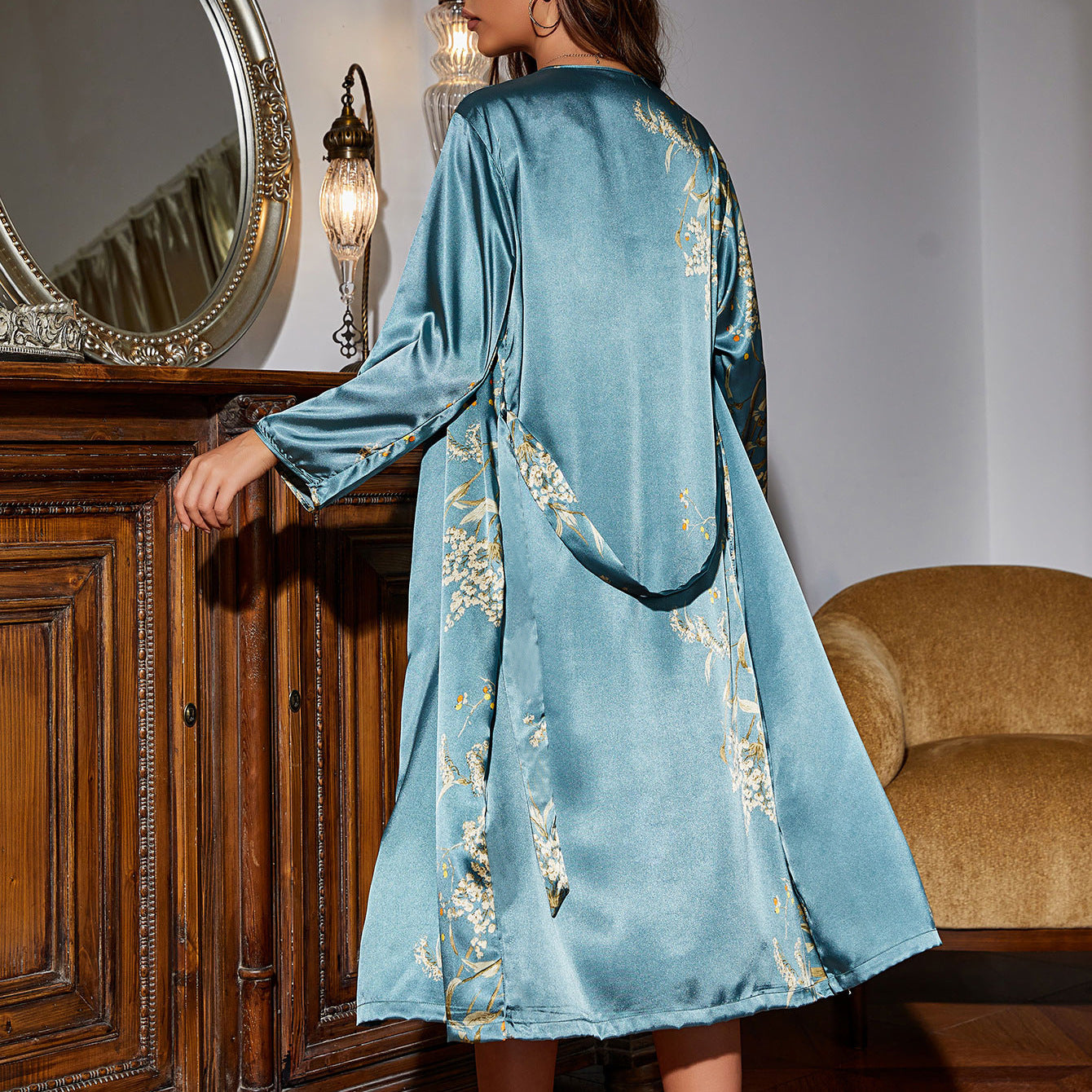 Sexy Simulation Silk Nightgown Sleepwear Medium Sleeve Long Tie Bathrobe Morning Robe
