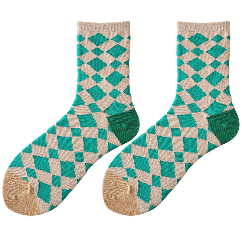 Thin Section Mid-calf Retro Rhombic Jacquard Pile Tide Socks Cotton Socks
