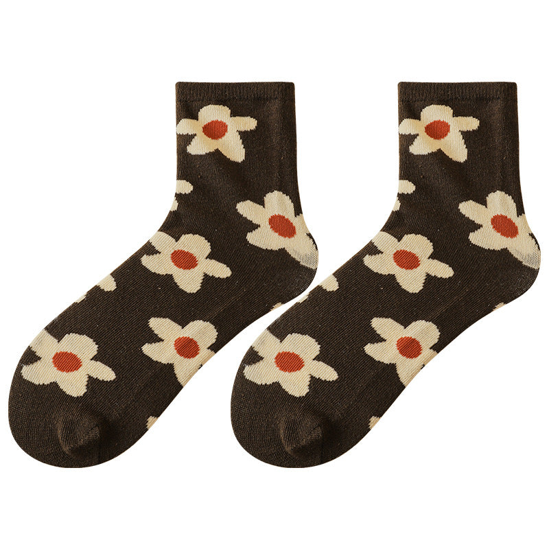 Vintage Mid-calf Flower Rhombus Cotton Stacked Socks Tide Socks
