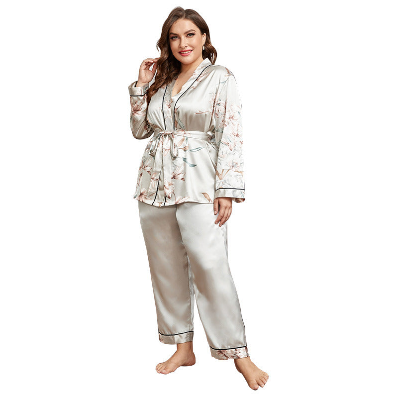 Plus Size Pajamas  Cardigan Tie Sleeping Robe Sleepwear Pants Casual Loose Home Set