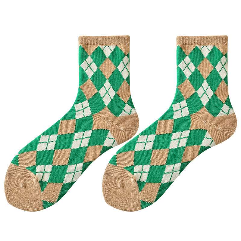 Thin Section Mid-calf Retro Rhombic Jacquard Pile Tide Socks Cotton Socks