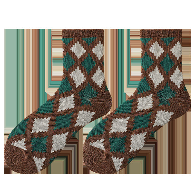 Vintage Mid-calf Flower Rhombus Cotton Stacked Socks Tide Socks