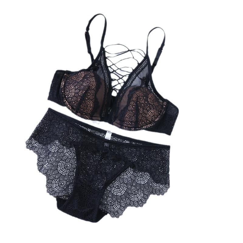 French Thin Large V Sexy Lace Tie-Up Support Anti-Sagging Soft Steel Ring Bra Set