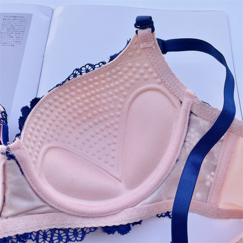 Fashion Color Blocking Sexy Massage Gathering Adjustment Lace Bra Set