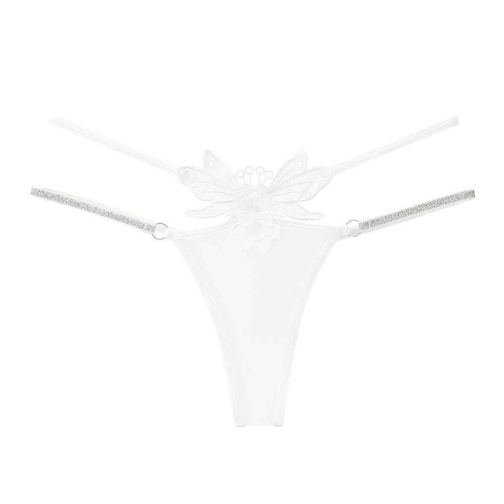 Sexy Embroidered Panties Ice Silk Hollowed Out Glitter Spaghetti Strap Tempting Thongs