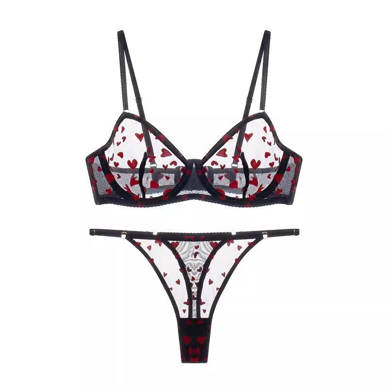 Romantic and Elegant French Ultra Thin Mesh Love Print Lace Bra Set