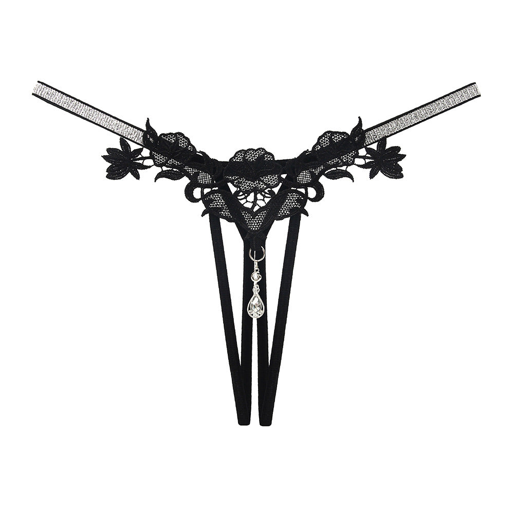 Rhinestone Temptation Erotic Panties Hollowed Out Embroidered Erotic Open Thongs