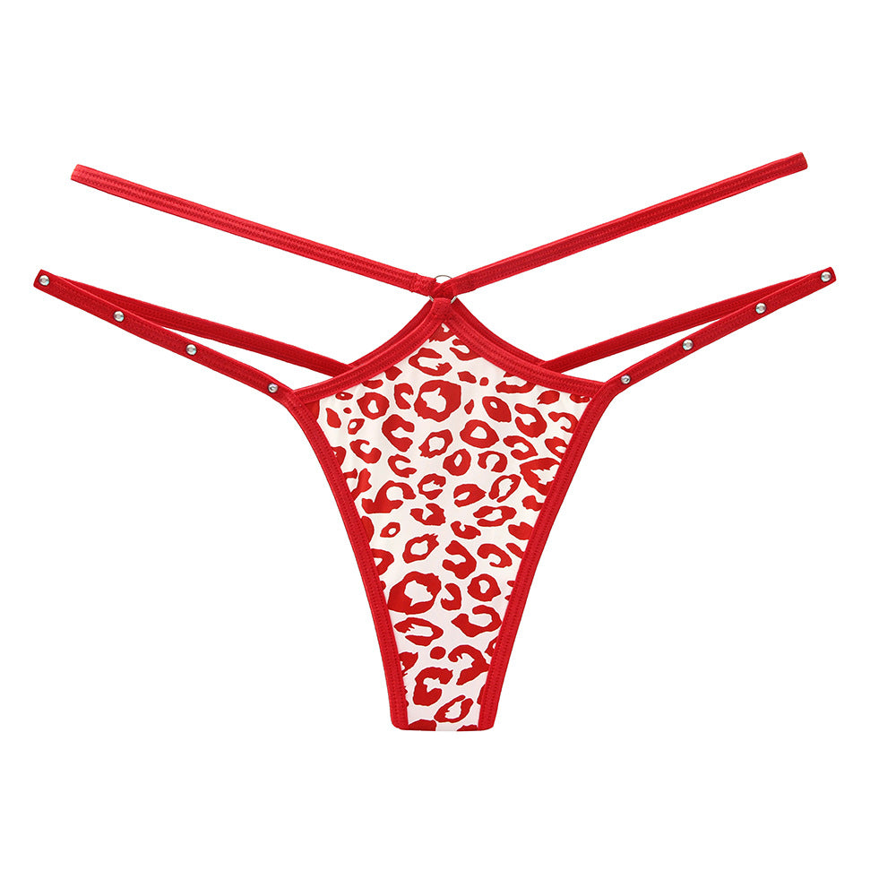 Sexy Hot Diamond Flash Thong Leopard Ice Silk Hollow Spaghetti Strap Panties