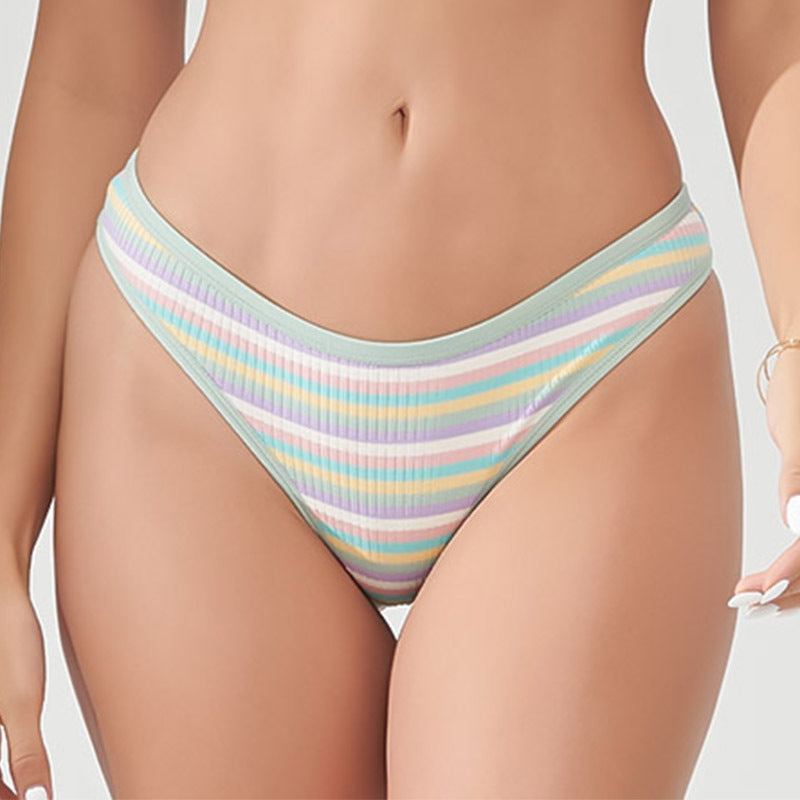 Colorful Striped Sports Fitness Thong Rainbow Threaded Cotton Women's Low Rise Sexy Panties