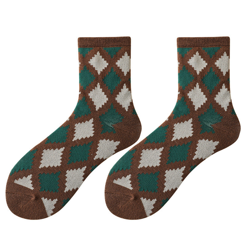 Vintage Mid-calf Flower Rhombus Cotton Stacked Socks Tide Socks