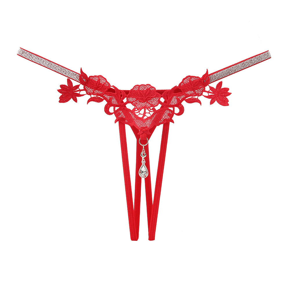 Rhinestone Temptation Erotic Panties Hollowed Out Embroidered Erotic Open Thongs