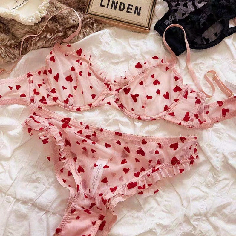 Sexy Lace Ultra Thin See-Through Heart Print Bra Set