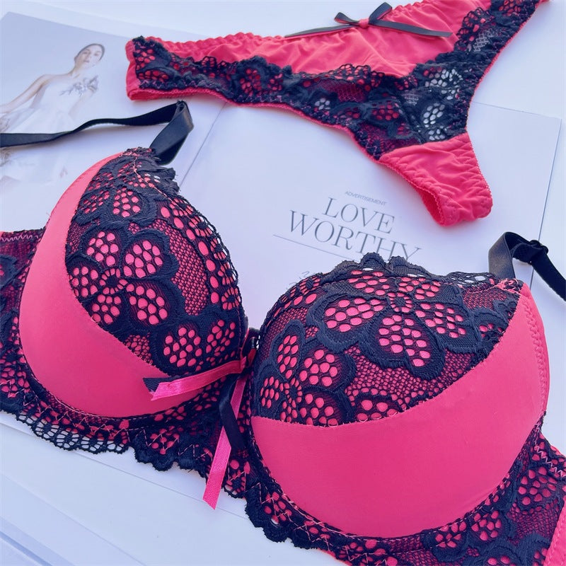 Fashion Color Blocking Sexy Massage Gathering Adjustment Lace Bra Set