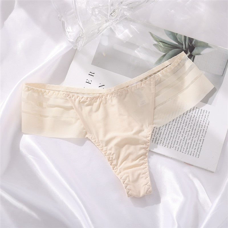 Ice Silk No Trace Low Waist Panties Sexy Striped Lace Trim Thongs