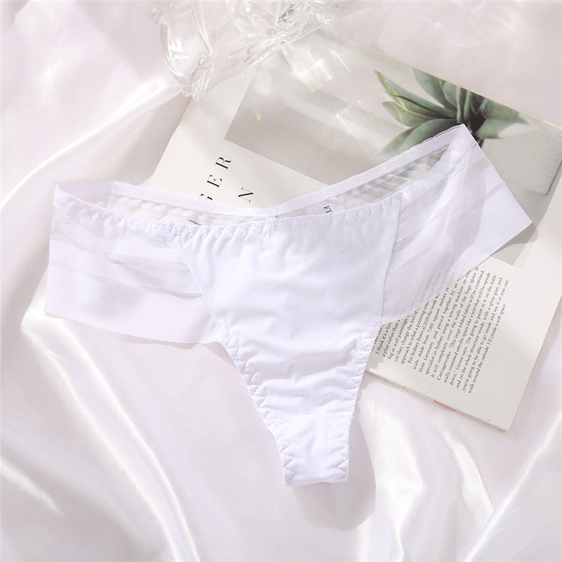 Ice Silk No Trace Low Waist Panties Sexy Striped Lace Trim Thongs