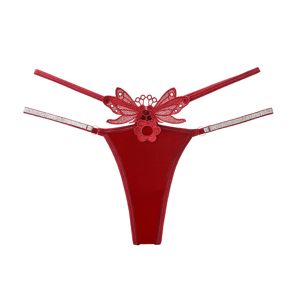 Sexy Embroidered Panties Ice Silk Hollowed Out Glitter Spaghetti Strap Tempting Thongs