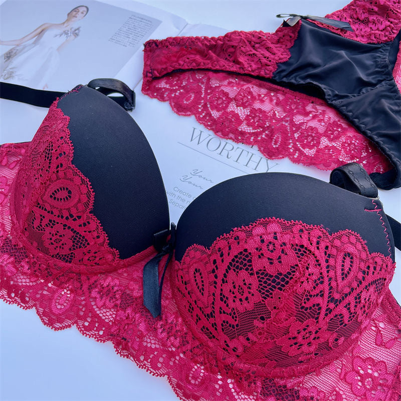 Sexy Lace Embroidery Color Clash Plus Size Bra Set