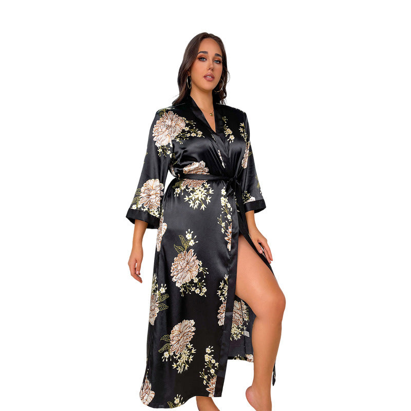 Large Size Fashion Casual Loose Printed Sleepwear Women Long Simulation Silk Sexy Nightgowns