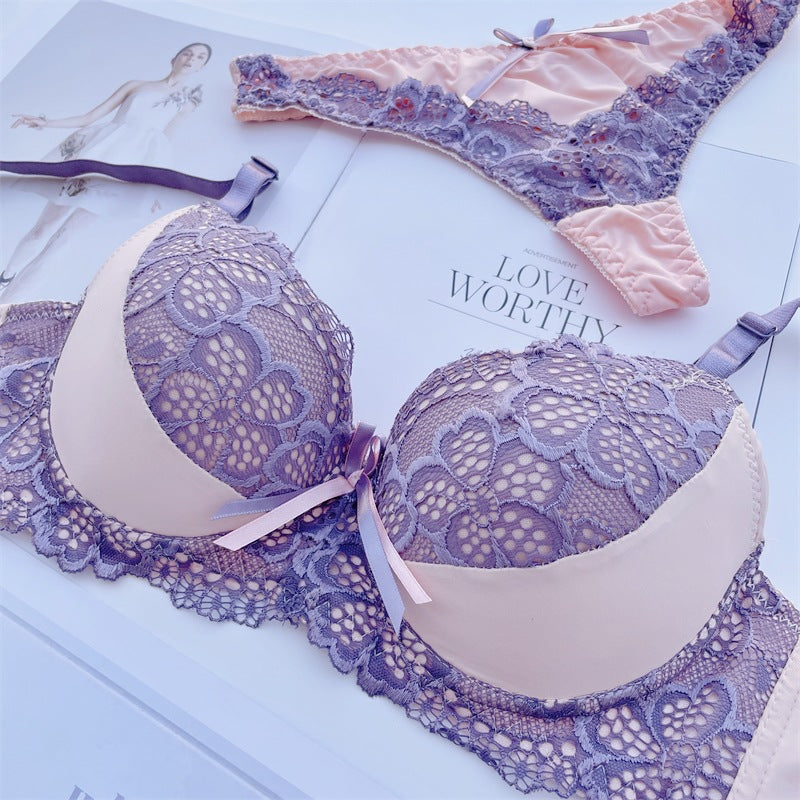 Fashion Color Blocking Sexy Massage Gathering Adjustment Lace Bra Set