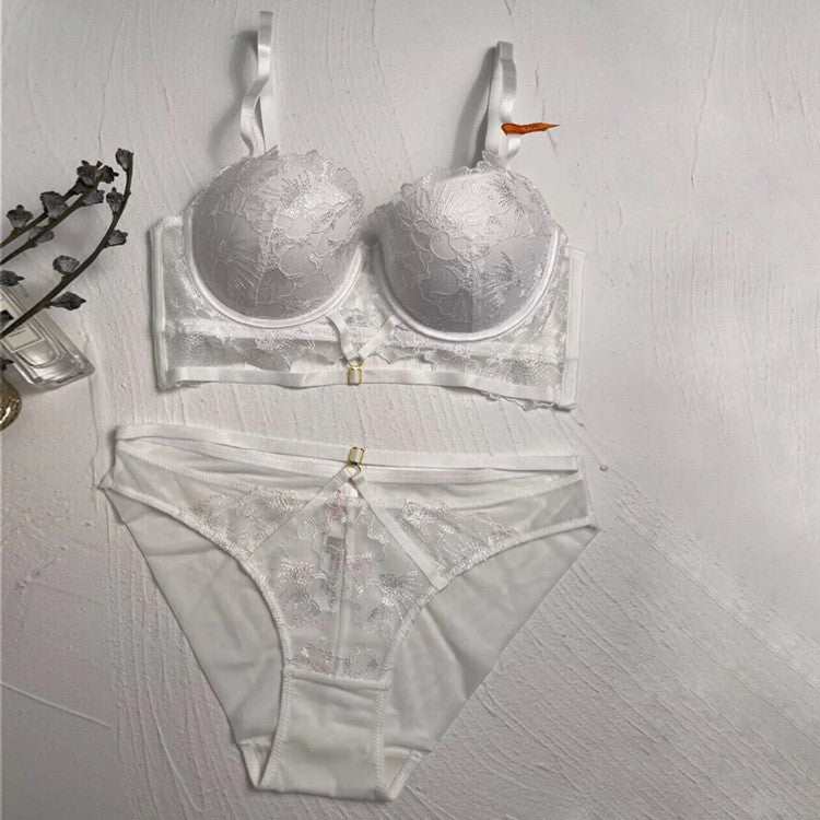 French Sexy Lace Straps Hollow Embroidery Gathering Adjustable Top Support Bra Set