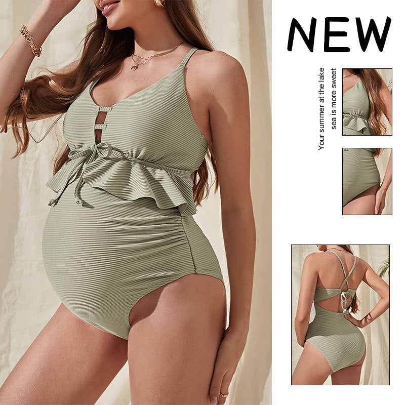 Solid Color Loose Maternity Style One Piece Swimsuit Tie Beach Bikini Swimwear