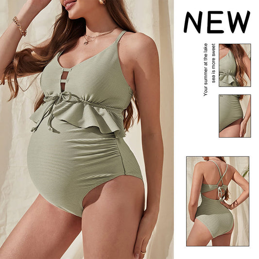 Solid Color Loose Maternity Style One Piece Swimsuit Tie Beach Bikini Swimwear