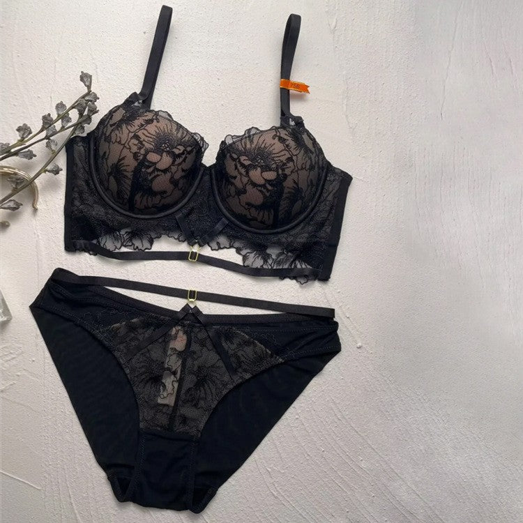 French Sexy Lace Straps Hollow Embroidery Gathering Adjustable Top Support Bra Set