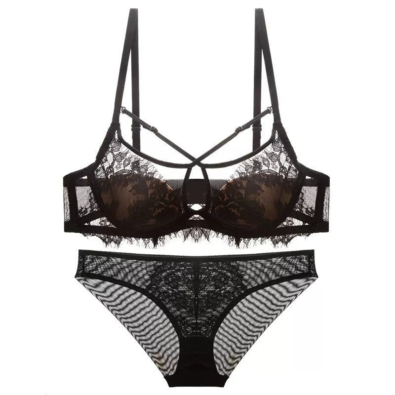 Sexy Lace Women's French Ultra Thin Top Support Bra Set