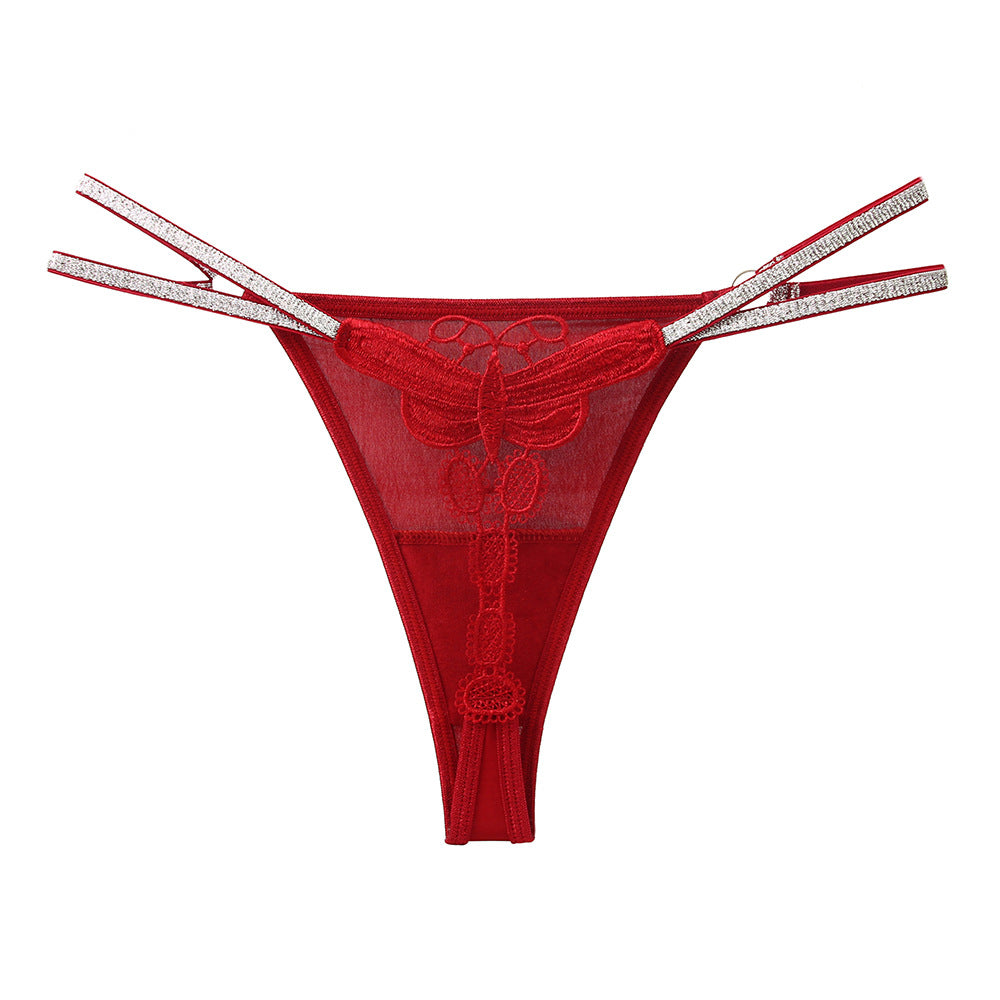 Glitter Spaghetti Strap Panties Ice Silk Sexy Embroidered Thongs
