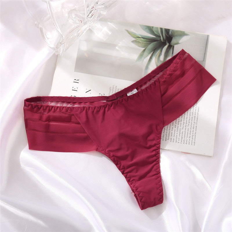 Ice Silk No Trace Low Waist Panties Sexy Striped Lace Trim Thongs