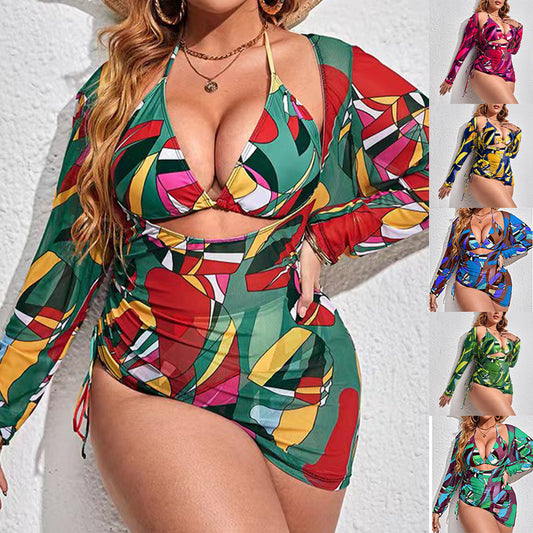 Plus Size Three Piece Swimwear Multicolor Printed Mesh Cover-up Sunscreen Bikini