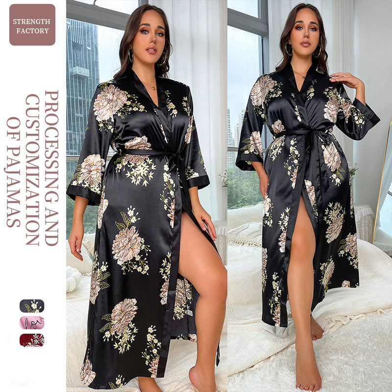Large Size Fashion Casual Loose Printed Sleepwear Women Long Simulation Silk Sexy Nightgowns
