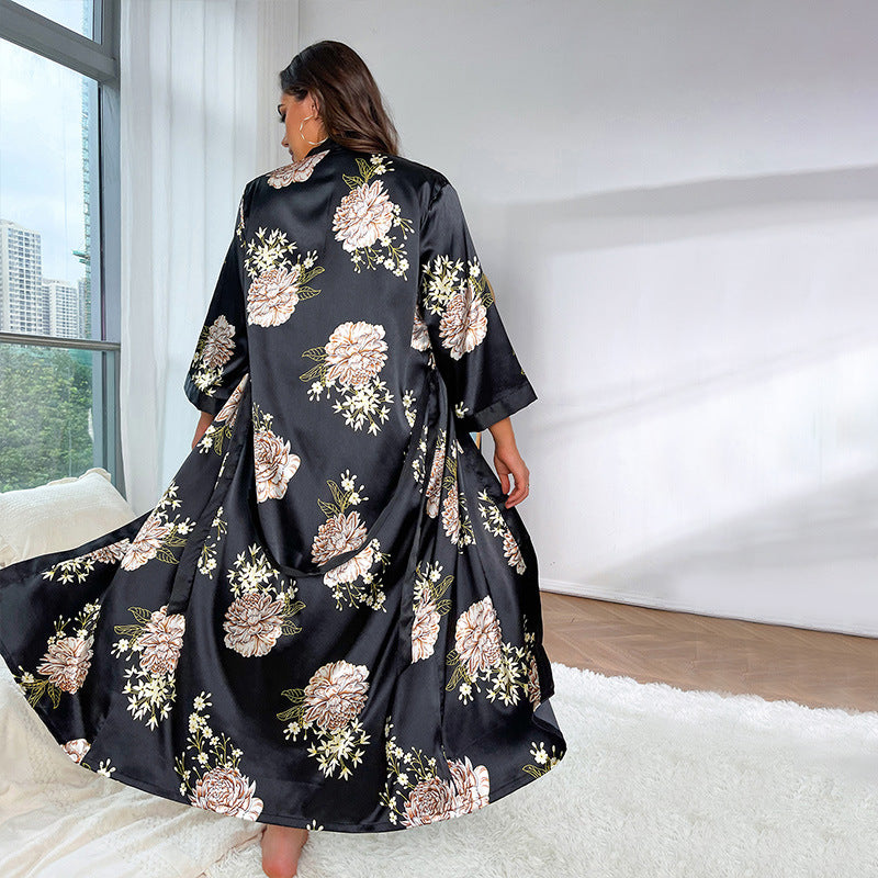 Large Size Fashion Casual Loose Printed Sleepwear Women Long Simulation Silk Sexy Nightgowns