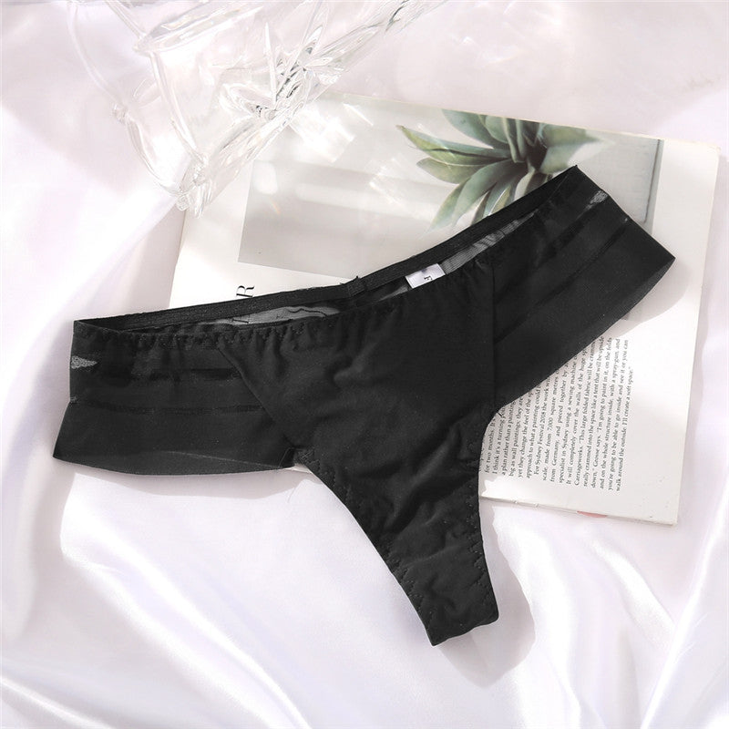 Ice Silk No Trace Low Waist Panties Sexy Striped Lace Trim Thongs