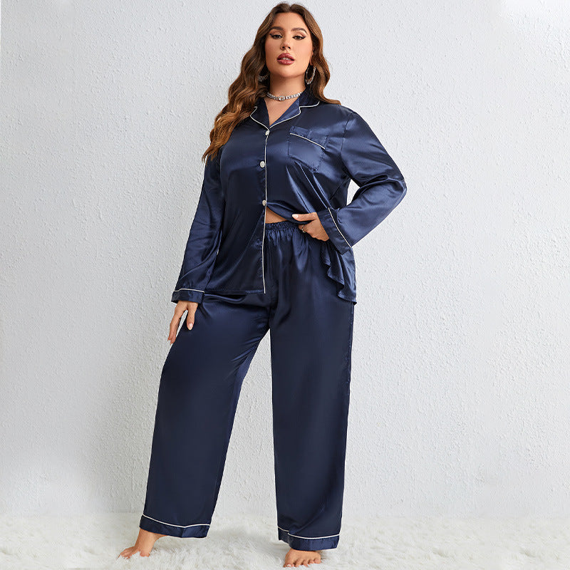 Silk Ice Thin Long Sleeve Long Pants Cardigan Plus Size Sleepwear Set