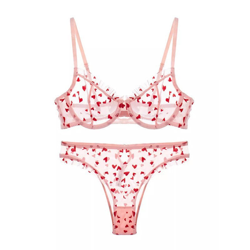 Sexy Lace Ultra Thin See-Through Heart Print Bra Set