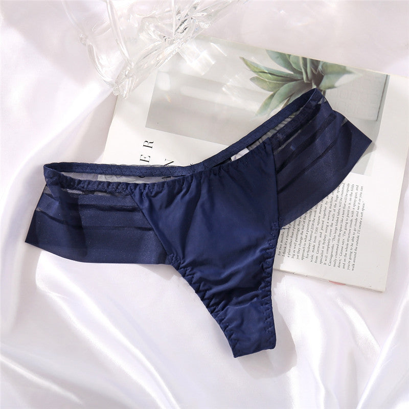 Ice Silk No Trace Low Waist Panties Sexy Striped Lace Trim Thongs
