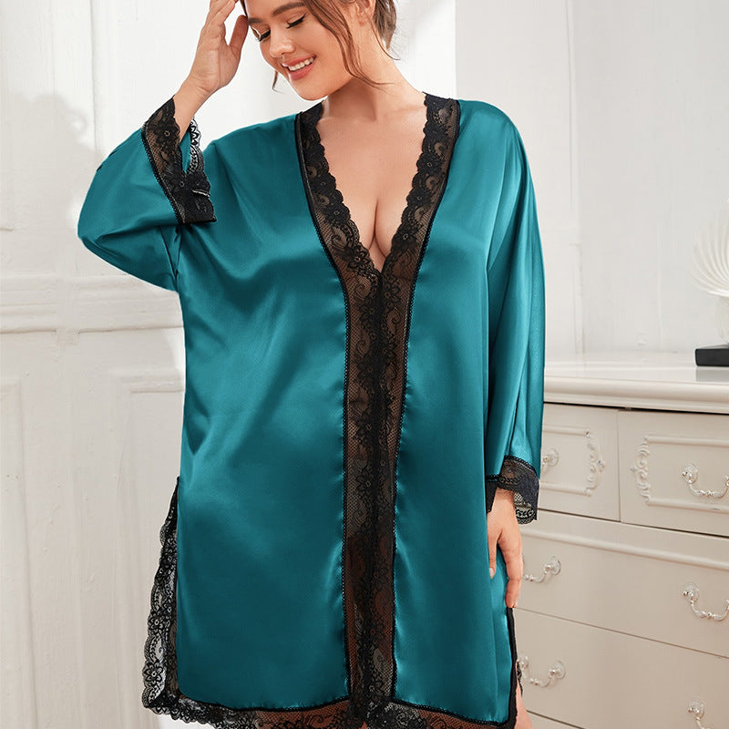 Batwing Sleeve Pullover Faux Silk Robe for Women Sleepwear Robe