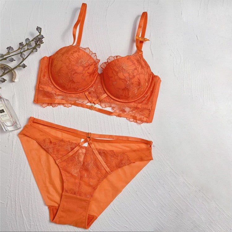 French Sexy Lace Straps Hollow Embroidery Gathering Adjustable Top Support Bra Set