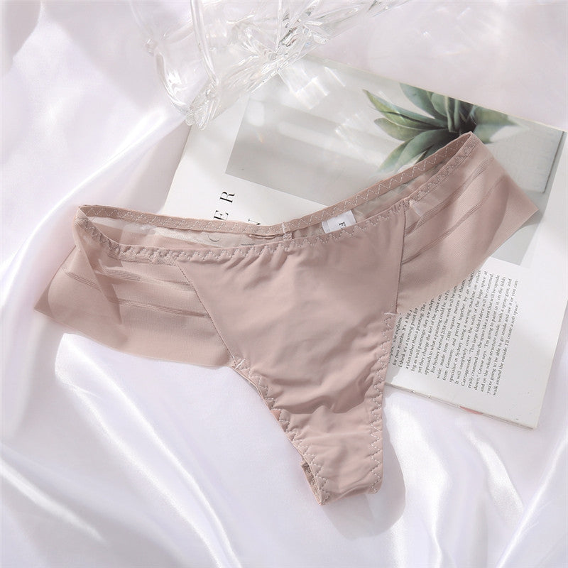 Ice Silk No Trace Low Waist Panties Sexy Striped Lace Trim Thongs