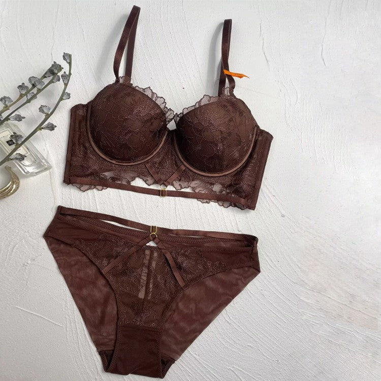 French Sexy Lace Straps Hollow Embroidery Gathering Adjustable Top Support Bra Set