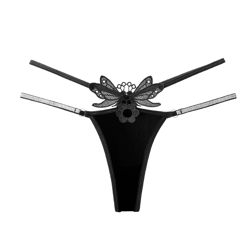 Sexy Embroidered Panties Ice Silk Hollowed Out Glitter Spaghetti Strap Tempting Thongs