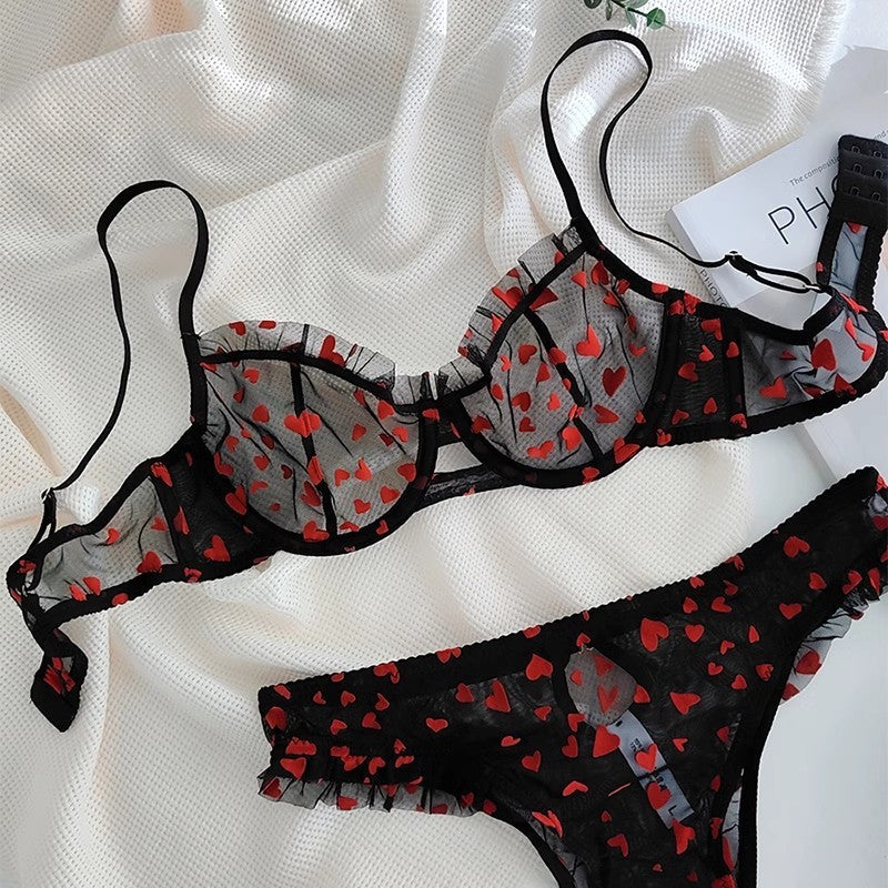 Sexy Lace Ultra Thin See-Through Heart Print Bra Set