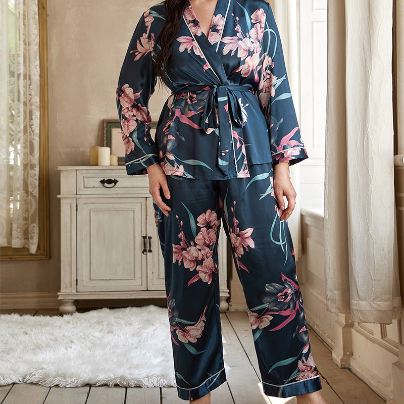 Plus Size Pajamas  Cardigan Tie Sleeping Robe Sleepwear Pants Casual Loose Home Set