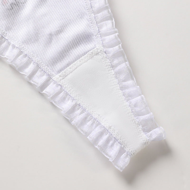 Sexy Lace Edge Spliced Ribbed Sports Panties Fruit Printed Thongs