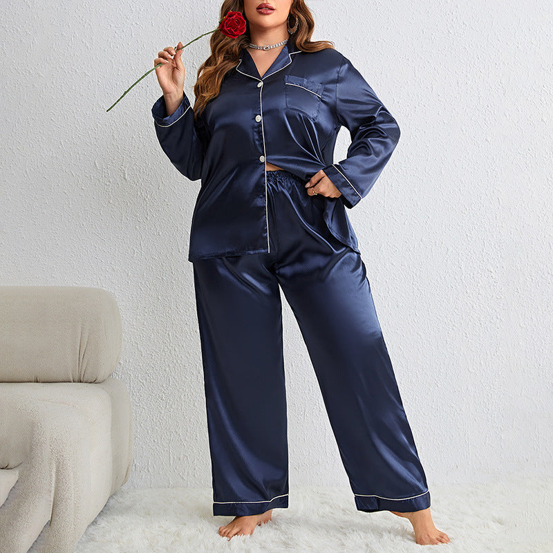 Silk Ice Thin Long Sleeve Long Pants Cardigan Plus Size Sleepwear Set