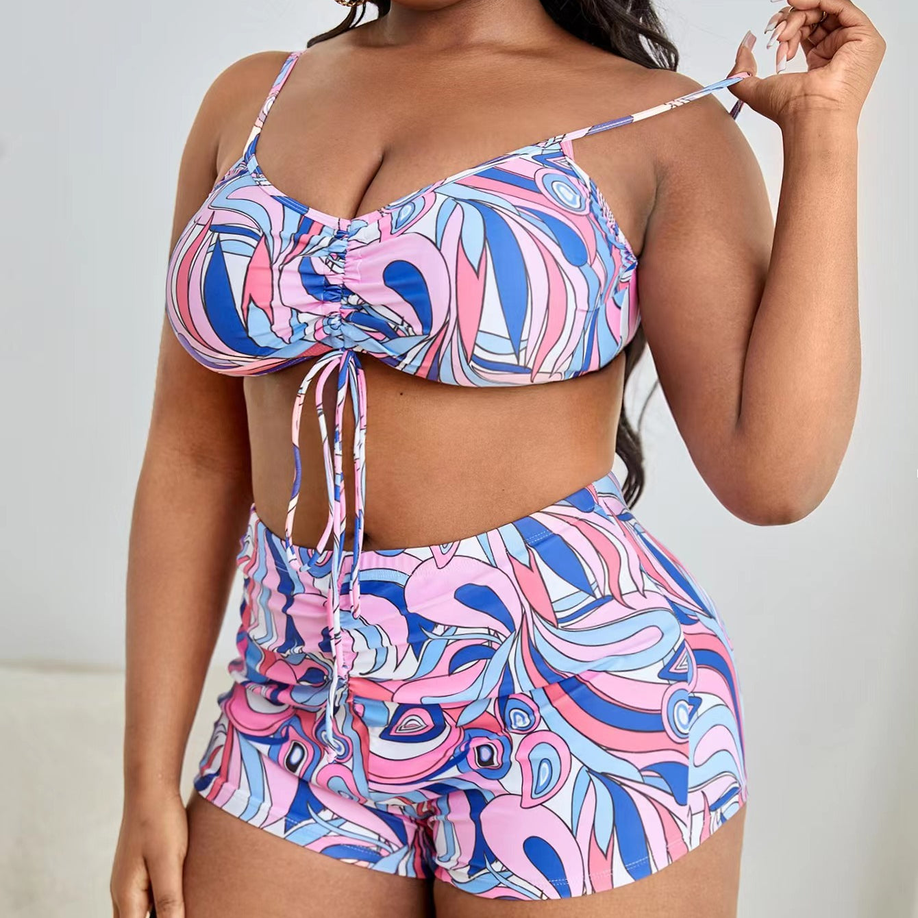 Three Piece Swimwear Printed Cover-Up Drawstring Gathering Flat Bottom Swimsuit