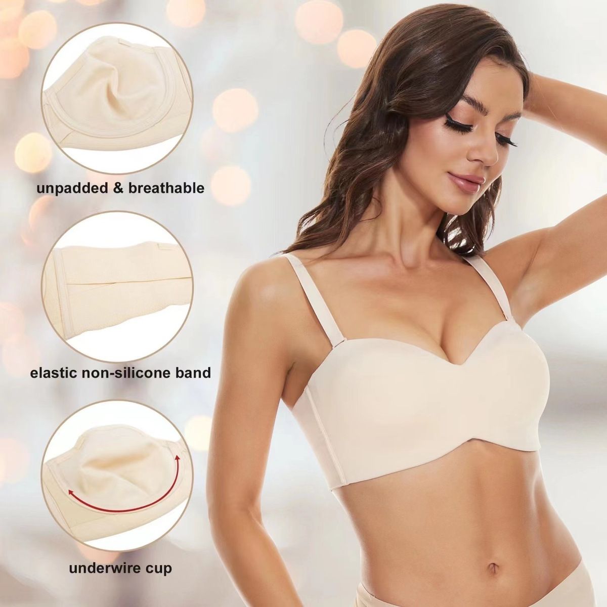 Removable Shoulder Straps Plunge Type Ultra-thin Large Cup Strapless Non-Slip Bra
